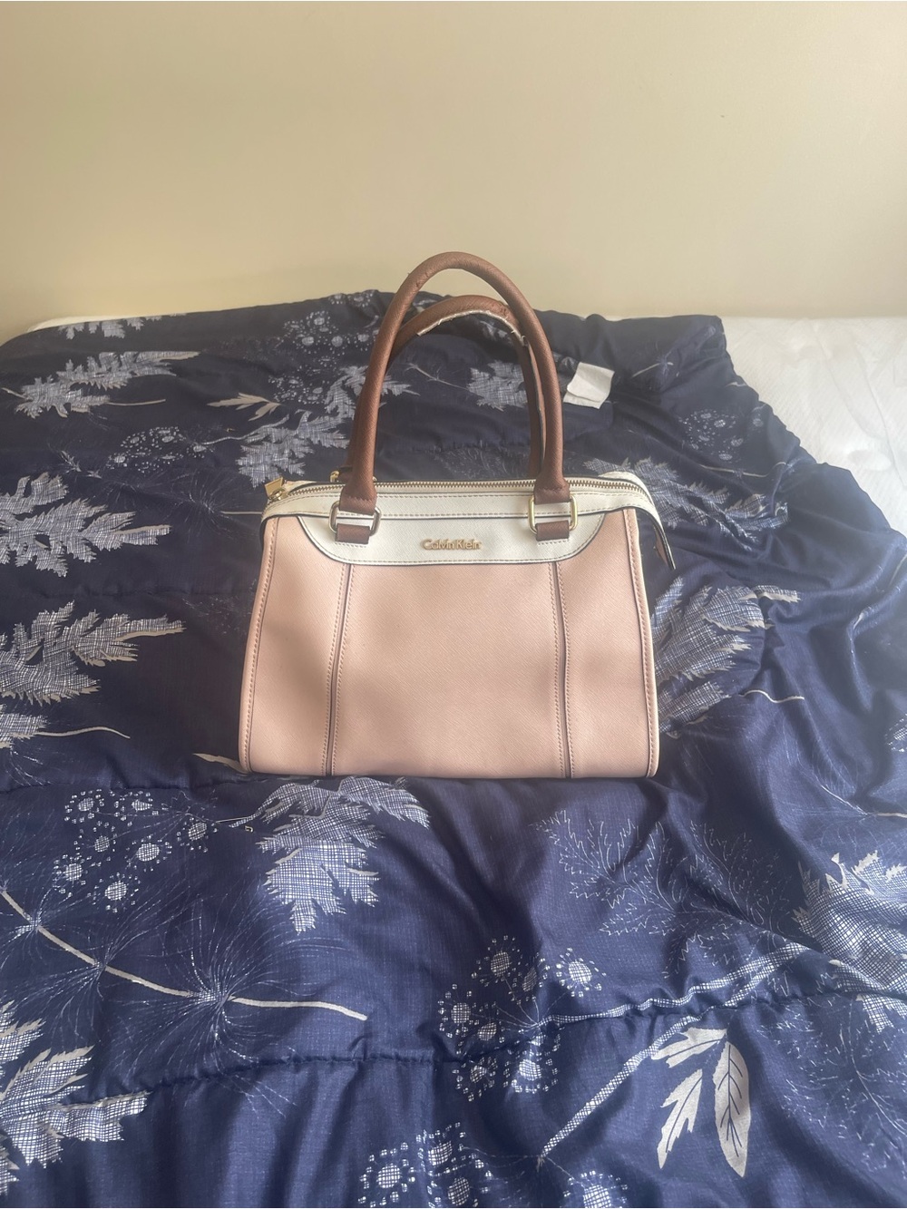 Calvin Klein Light Pink Satchel with Brown Handles and Cream Trim